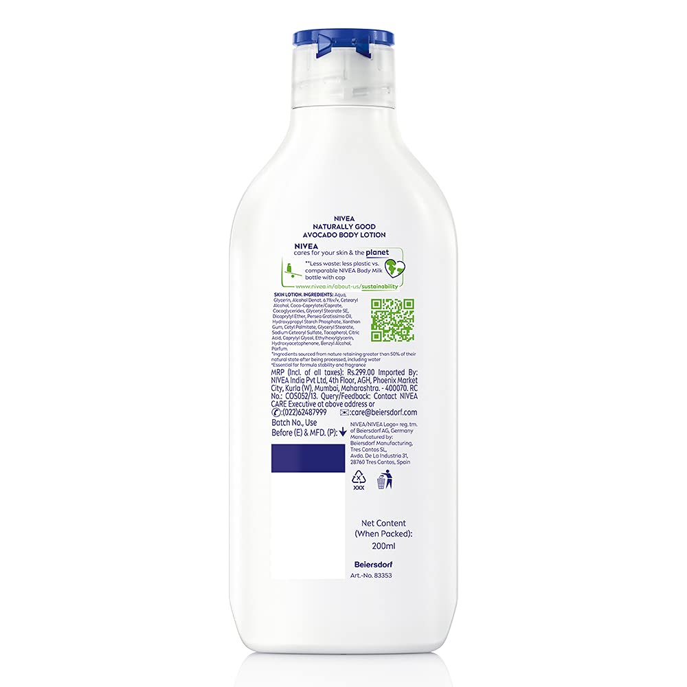 Nivea Naturally Good, Natural Avocado Body Lotion, For Normal to Dry Skin, No Parabens, 98% Natural Origin Ingredients, 200 ml